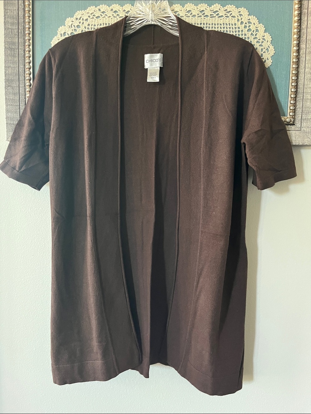 Chico's Open-Front Short Sleeve Cardigan - Dark Brown